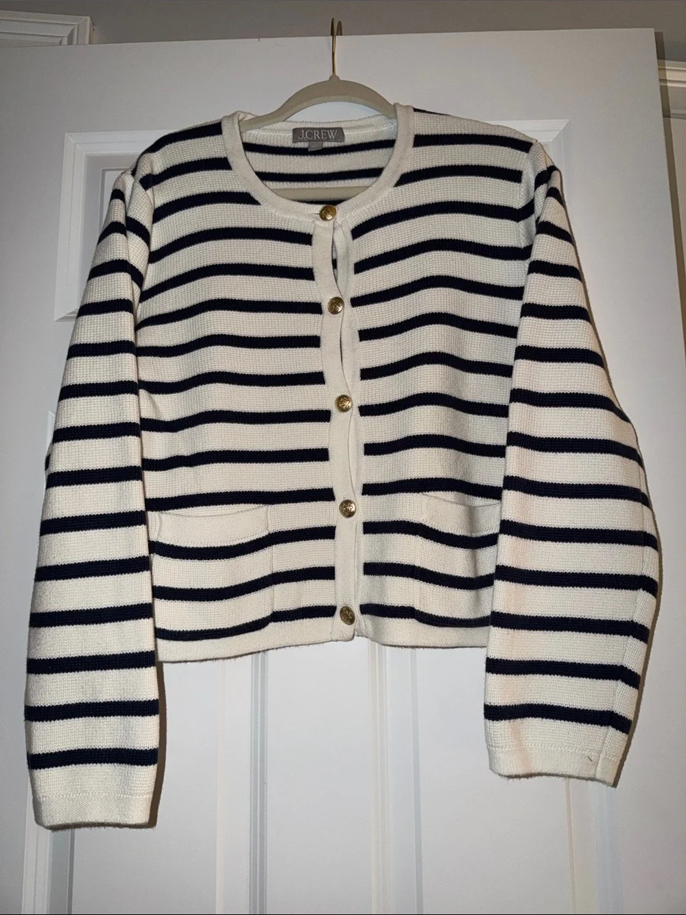 J. Crew Cream and Navy Striped Button-Front Cardigan